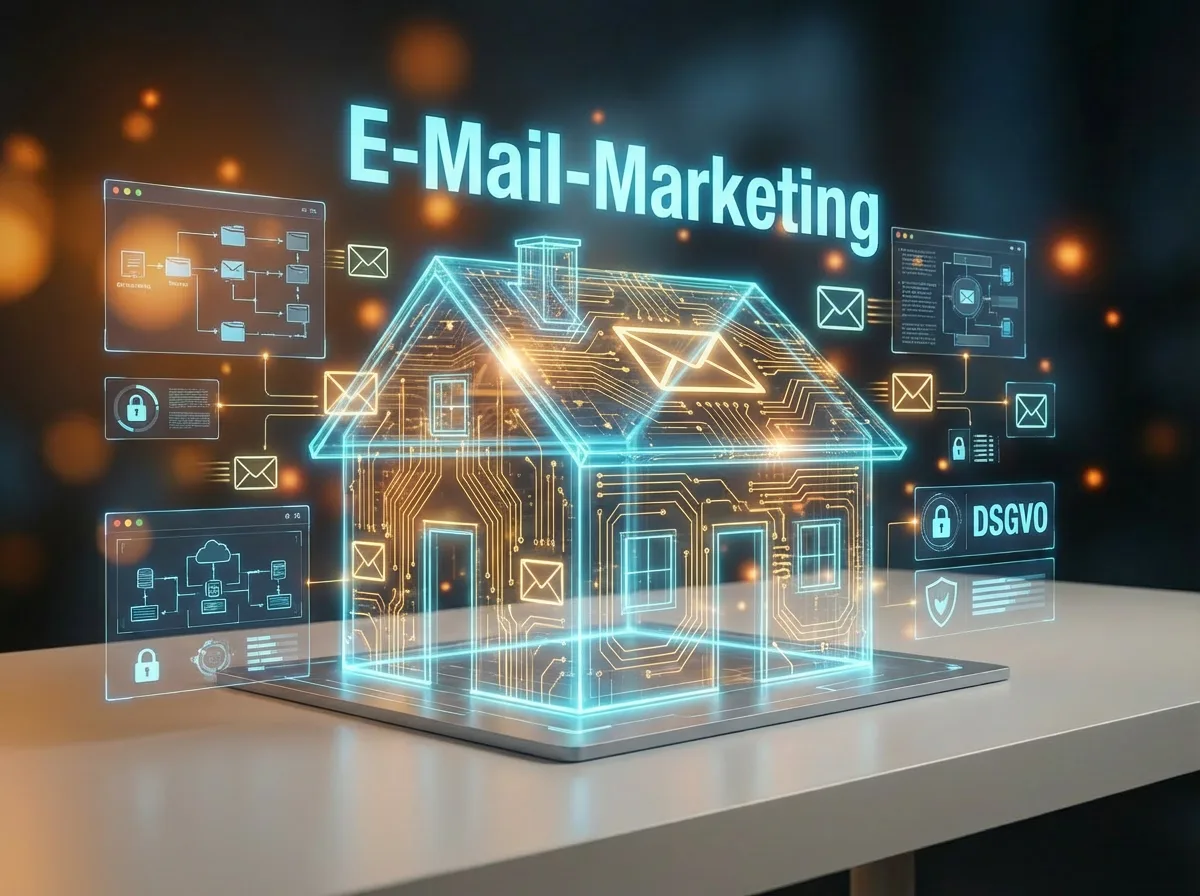 Leuchtende Zeichnung eines Hauses aus Schaltkreisen über einem Laptop, umgeben von E-Mail-Symbolen