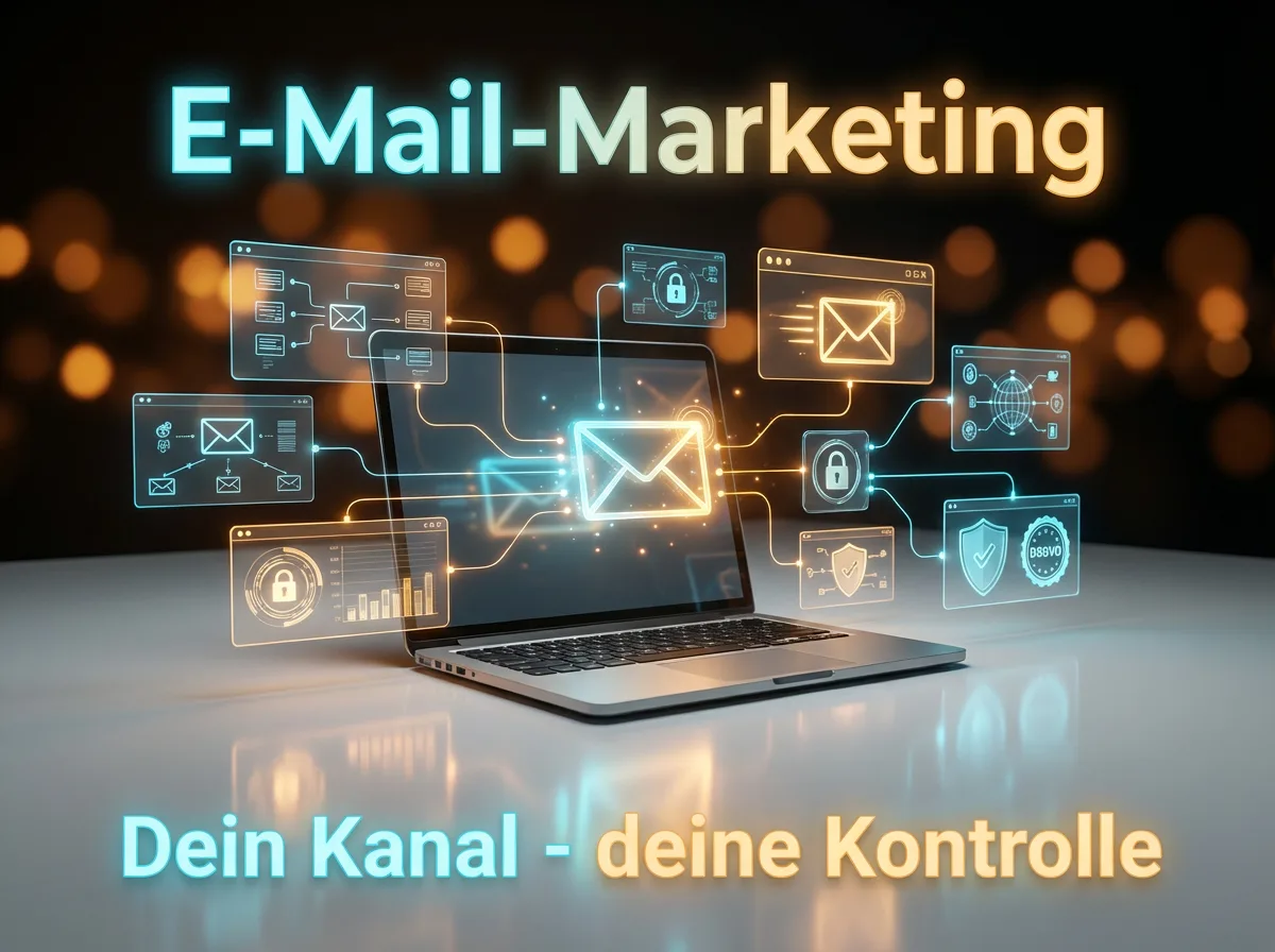 Laptop mit leuchtenden E-Mail-Symbolen, darüber der Schriftzug 'E-Mail-Marketing', darunter 'Dein Kanal - deine Kontrolle'