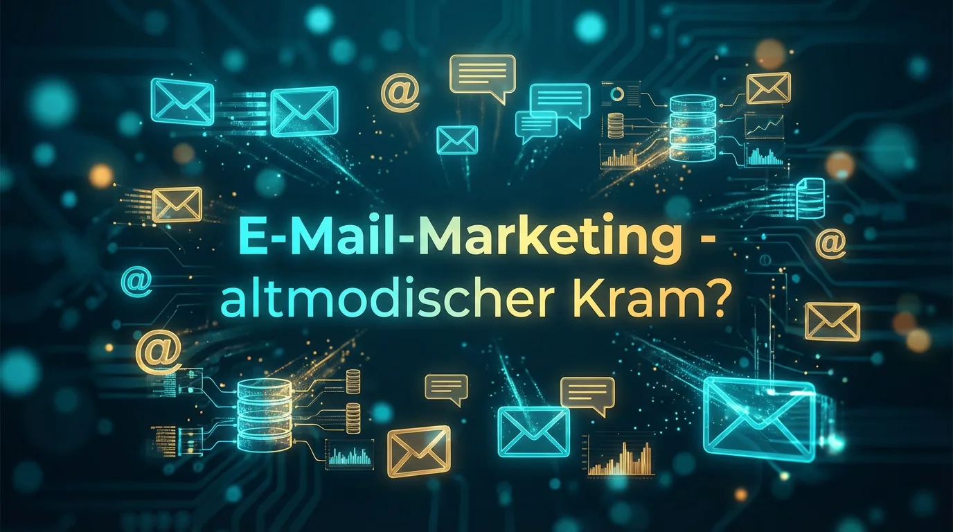 Schriftzug 'E-Mail-Marketing - altmodischer Kram?' zwischen leuchtenden Brief-Symbolen auf dunklem Grund