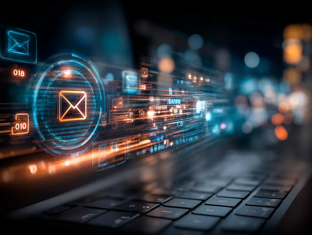 Leuchtendes Brief-Symbol über einer Tastatur, umgeben von Datenströmen