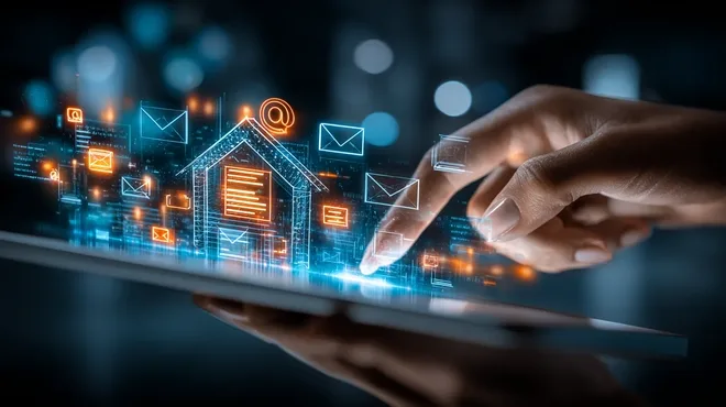 Hand tippt auf ein Tablet, darüber schweben leuchtende E-Mail- und Haus-Symbole