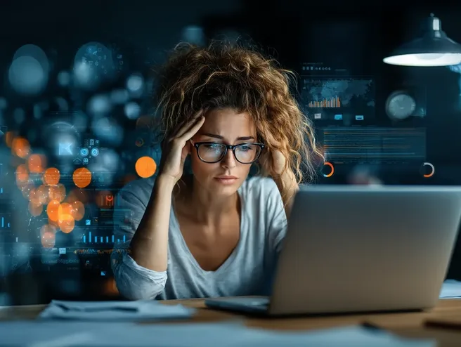 Frau stützt den Kopf in die Hand und blickt angestrengt auf ihren Laptop